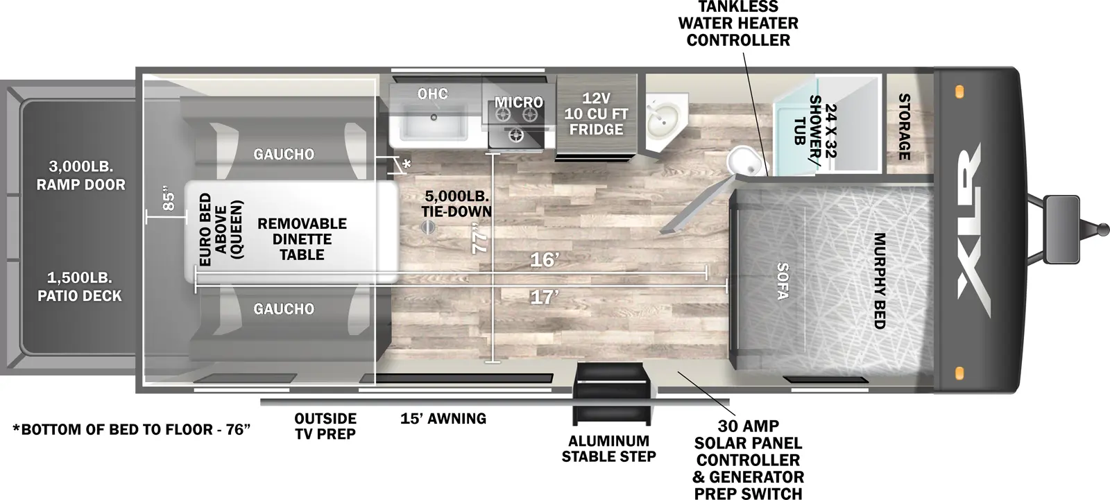 The 2017M has zero slideouts, one entry, and a rear ramp door. Exterior features aluminum stable step, 15 foot awning, and outside TV prep. Interior layout front to back: off-door side storage, and door side murphy bed sofa, off-door side dull bathroom with tankless water heater controller, door side entry and 30 amp solar panel controller and generator prep switch; off-door side 12V refrigerator, kitchen counter with cooktop and sink, and overhead cabinet with microwave; rear opposing gauchos with removable dinette table, and euro queen bed above. Garage dimensions: 3,000 lb ramp door; 1,500 lb patio deck, 85 inch ramp door entry height; 76 inches from floor to bottom of euro bed; 77 inches from door side to kitchen counter; 17 foot from rear to murphy bed is sofa setup (16 foot in bed setup).